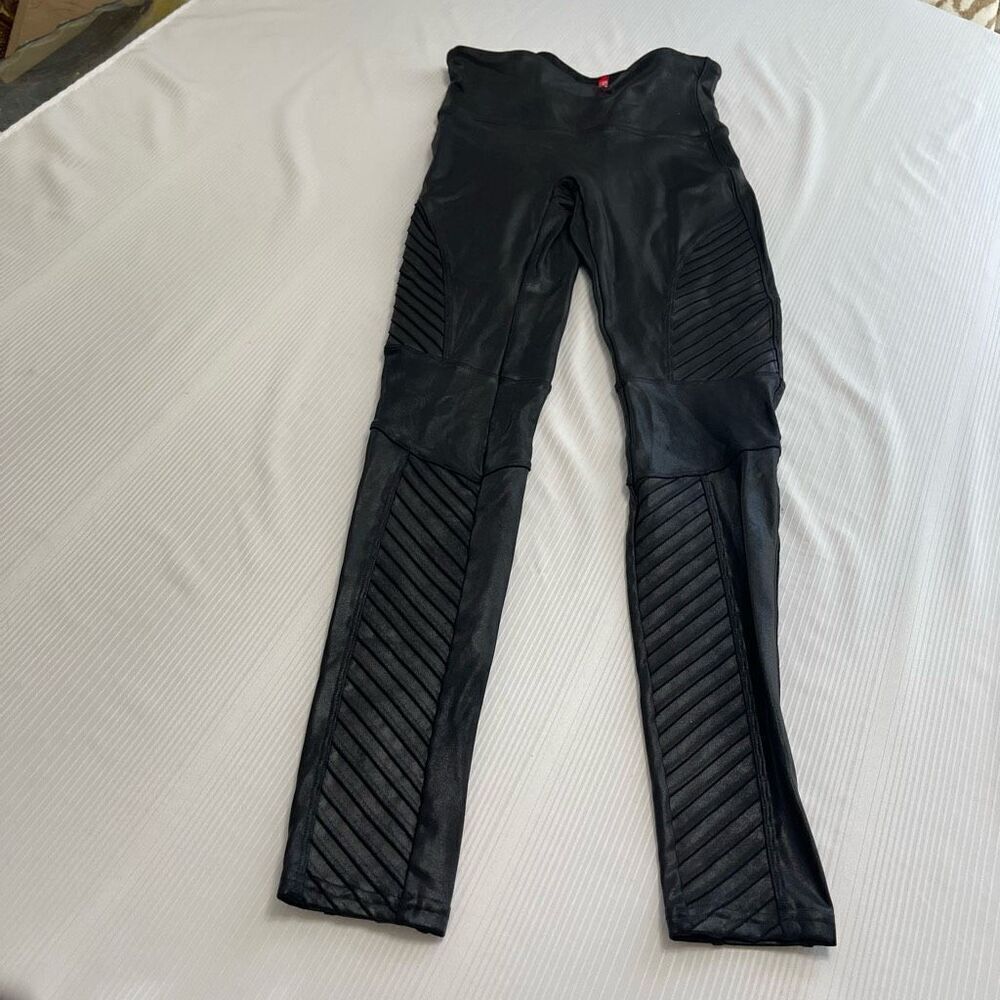 SPANX Faux Leather Moto Leggings Women's S Black Shiny Coated Shaping Pants Slim